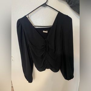 black long sleeve tie front cinched middle blouse